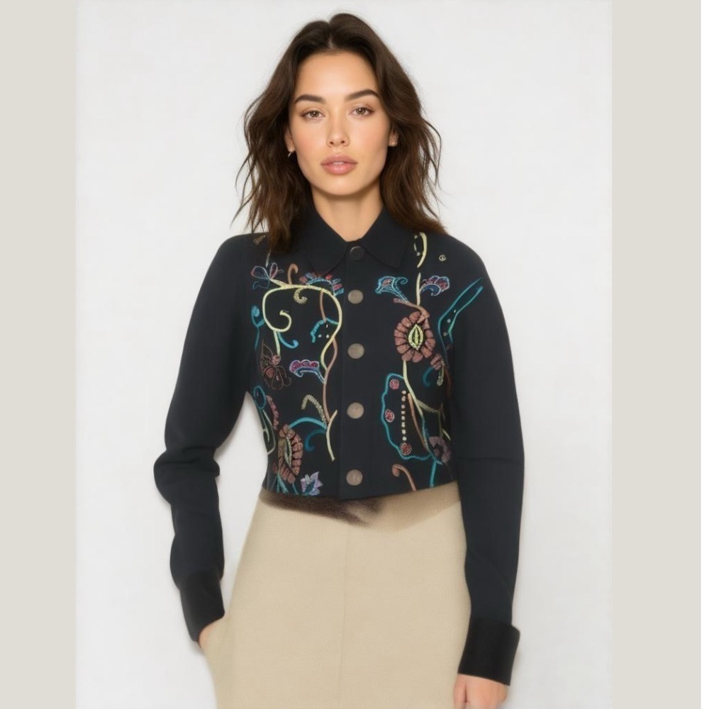 EU Vintage White Stag Floral Embroidered Black Denim Jacket - Picture 14 of 14